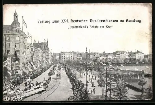 AK Hamburg, XVI. Deutsches Bundesschiessen 1909, Festumzug am Jungfernstieg