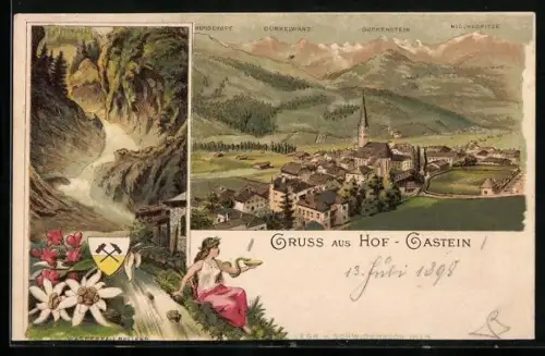 Lithographie Hofgastein, Ortsansicht mit Hundskopf, Dürkelwand, Glückstein und Klockespitze