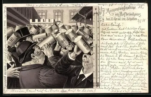 Lithographie München, Momentaufnahme im Hofbräuhaus bei 35° im Schatten, durstige Zecher