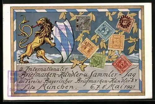 AK München, 2. Internationaler Briefmarken-Händler und -Sammler Tag d. Vereins Bayerischer Briefmarken-Händler 1921