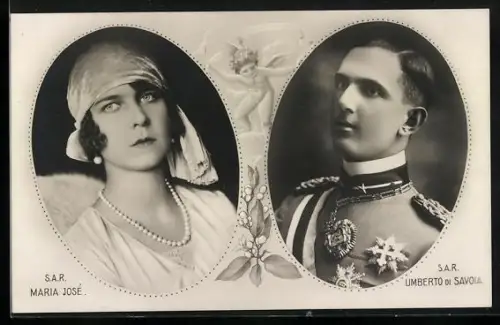 AK Hochzeitspaar Prinzesssin Maria José und Prinz Umberto, Maiglöckchen, Engel