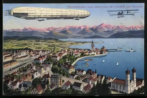 AK Friedrichshafen, neue Uferstrasse mit Luftschiff und Aeroplan, Dampfer