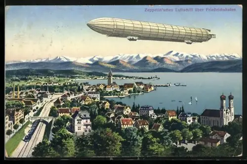 AK Friedrichshafen, Zeppelin und Flugzeug fliegen über dem Ort