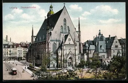 AK Leipzig, Partie an der Thomaskirche mit Strassenbahn