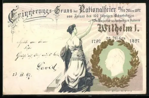 Lithographie 100. Geburtstag von Kaiser Wilhelm I., 22.3.1897, Portrait mit Eichenlaub