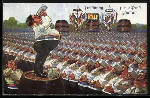 AK Männer in Reih und Glied bei einer Freiübung im Biertrinken