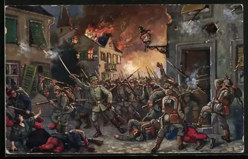 Künstler-AK Mülhausen, Strassenkampf im Völkerkrieg 1914, Soldaten im Gefecht