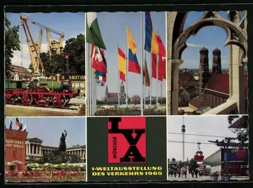 AK München, erste Weltaustellung des Verkehrs 1965, Adler-Lokomotieve IVA-Aussichtsturm, Frauenkirche