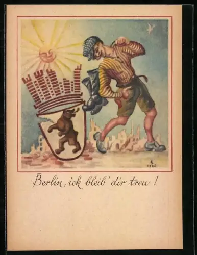 AK Berlin, Schusterjunge läuft und schaut auf den Berliner Bär