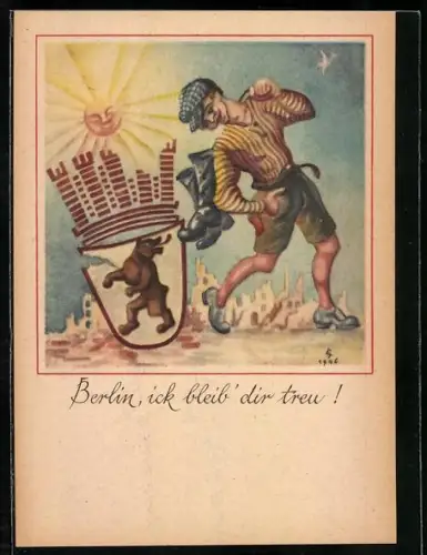 AK Berlin, Schusterjunge läuft und schaut auf den Berliner Bär