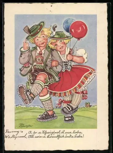 Künstler-AK Tilly von Baumgarten: Kinderpaar in bayerischen Trachten mit Luftballons