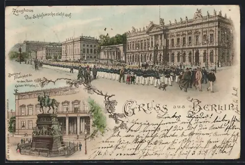 Lithographie Berlin, Zeughaus, Schlosswache, Denkmal Friedrich d. Gr