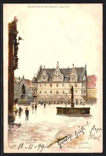 Lithographie Coburg, Marktplatz und historisches Gebäude