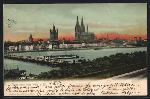 AK Köln . Rh., Panorama mit Rhein und Dom
