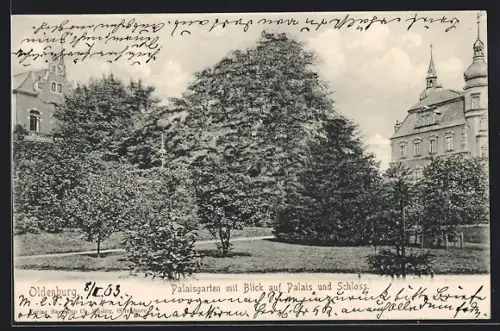 AK Oldenburg / Gr., Palaisgarten mit Blick auf Palais und Schloss