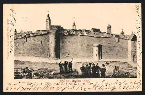 AK Crailsheim 1380, Stadtmauer mit Wehrtürmen und Soldaten vor Stadtmauer