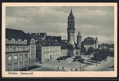 AK Bautzen, Kornmarkt mit Reichenturm, Wendischer Turm und der alten Kaserne