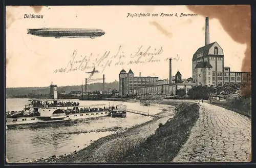 AK Heidenau / Sachsen, Papierfabrik von Krause & Baumann, Dampfer, Zeppelin