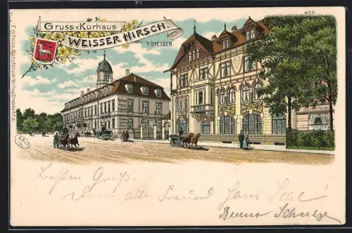 Lithographie Dresden-Weisser Hirsch, Strassenansicht mit Hotel-Kurhaus Weisser Hirsch