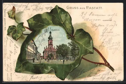 Passepartout-Lithographie Rastatt, Stadtkirche im Efeublatt