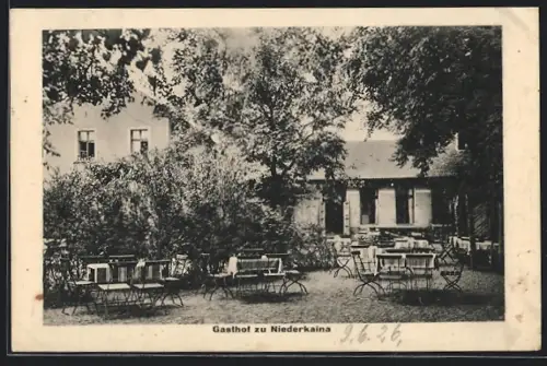AK Niederkaina, Gasthof zu Niederkaina, Gartenansicht, Bes. G. Lorenz