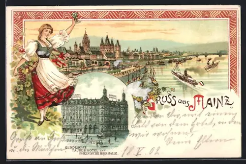 Lithographie Mainz, Gundlachs Taunus Hotel, Rheinische Bierhalle, Dame in Tracht