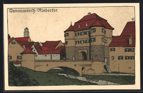 Steindruck-AK Donauwörth, Häuserzug am Riedertor