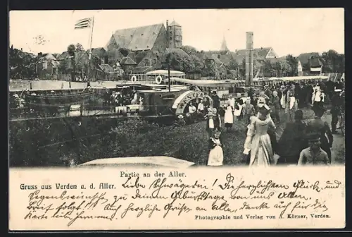AK Verden a. d. Aller, Partie an der Aller mit Dampfer und Publikum