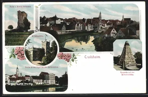 AK Crailsheim, Pyramide auf der Wilhelmshöhe, Ruine v. Kloster Anhausen