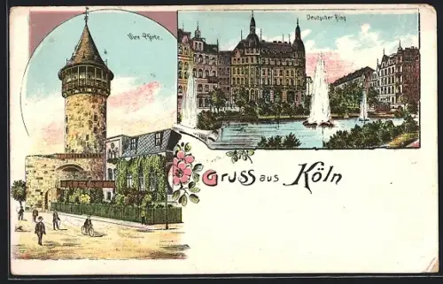 Lithographie Köln-Neustadt, Ulre Pforte, Deutscher Ring mit Wasserspielen