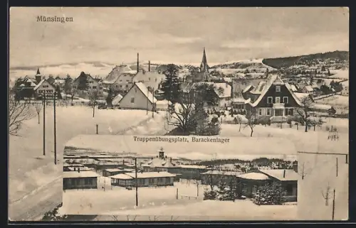 AK Münsingen, Barackenlager Truppenübungsplatz und Gesamtansicht im Winter