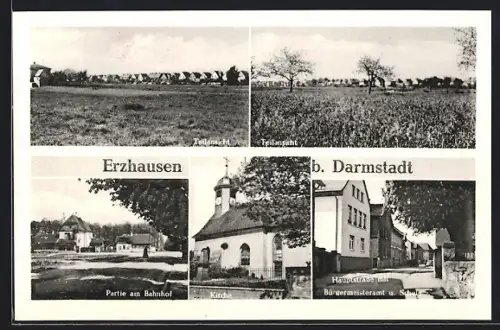 AK Erzhausen b. Darmstadt, Partie am Bahnhof, Hauptstrasse m. Bürgermeisteramt u. Schule, Teilansichten