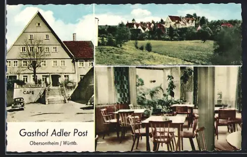 Foto-AK Obersontheim /Württ., Gasthof Adler Post K. Schumm mit Innenansicht, Ortspanorama