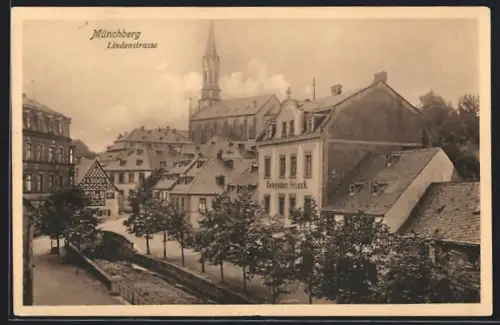 AK Münchberg, Lindenstrasse mit Geschäft der Gebrüder Frisch