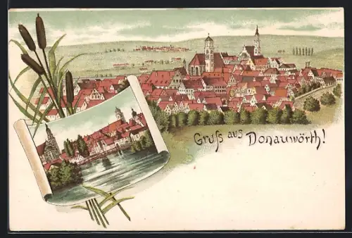 Lithographie Donauwörth, Panorama und Teilansicht vom Wasser