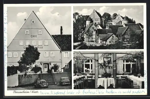 AK Obersontheim /Württ., Gasthof zur Post, Bes. Karl Schramm, Gastraum, Ortsansicht