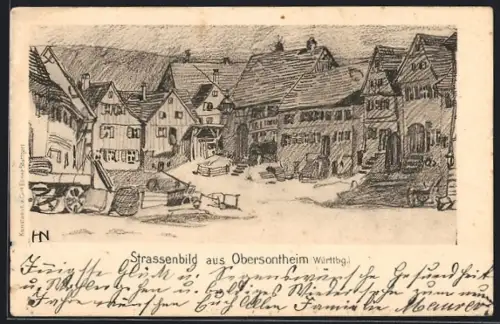 Lithographie Obersontheim /Württ., Strassenbild im Ort