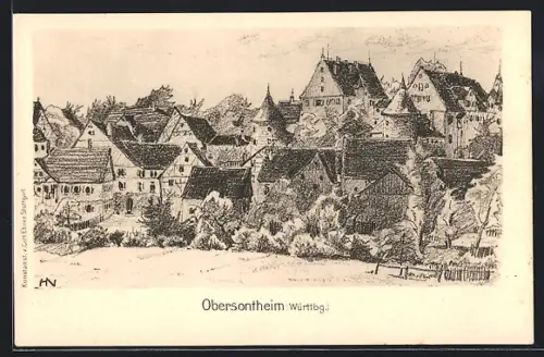 Künstler-AK Obersontheim /Württbg., Teilansicht mit Feldern