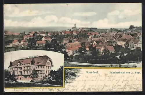 AK Bonndorf / Schwarzwald, Bahnhofshotel von A. Vogt, Blick über den Ort