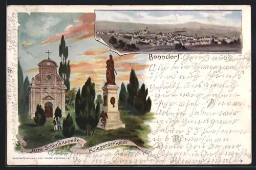 Lithographie Bonndorf / Schwarzwald, Alte Schlosskapelle, Kriegerdenkmal, Panorama