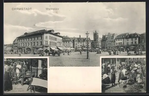 AK Darmstadt, Marktplatz mit Publikum und Einzelszenen
