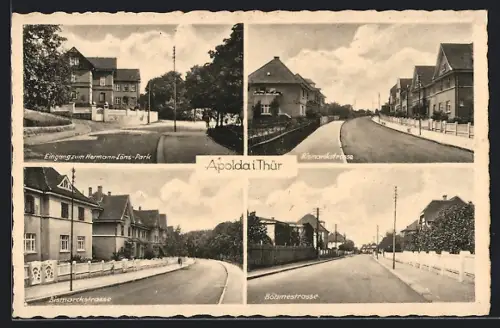 AK Apolda i. Thür., Bismarckstrasse, Böhmestrasse, Eingang zum Hermann-Löns-Park