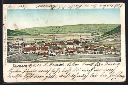 Lithographie Tiengen / Waldshut, Panorama im Tal mit Hügeln