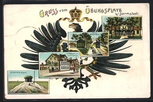 Lithographie Darmstadt, Militär-Übungsplatz, Sicherheits-Stand, Restaurant Jakob Schupp, Dampf-Strassenbahn