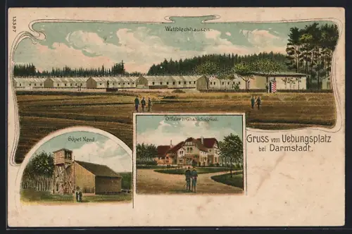 Lithographie Darmstadt, verschiedene Ansichten des Truppenübungsplatzes