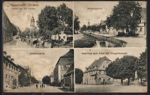 AK Appenweier /Baden, Gasthaus zum Adler mit Kriegerdenkmal, Strassenpartien und Partie an der Kirche