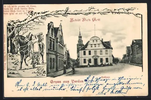 AK Verden, Rathaus, Behüt Dich Gott, Trompeter mit Pferd