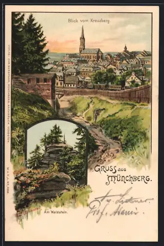 Künstler-AK Erwin Spindler: Münchberg, Blick vom kreuzberg auf die Stadt