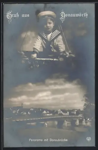 AK Donauwörth, Panorama mit Donaubrücke, Junge im Matrosenanzug