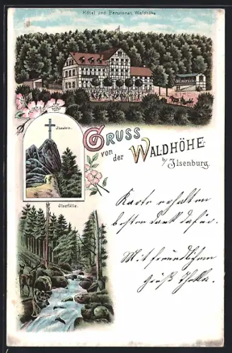 Lithographie Ilsenburg, Hotel und Pensionat Waldhöhe, Ilsestein, Ilsefälle